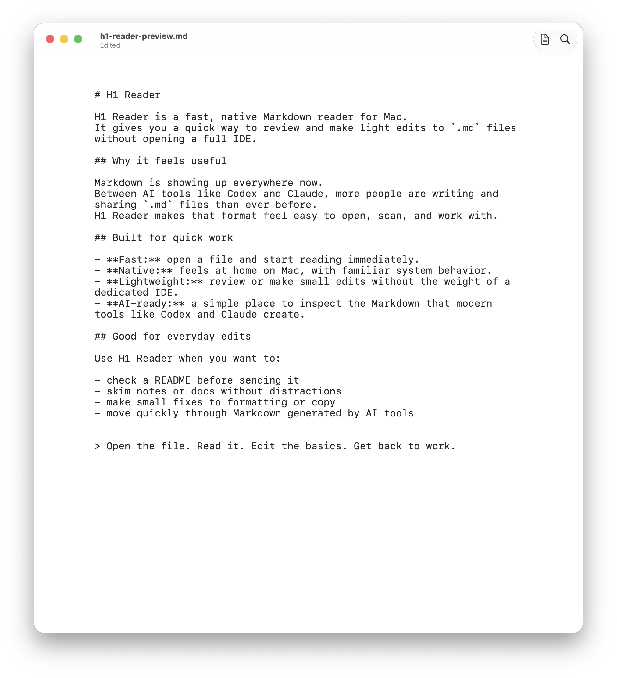 H1 Reader displaying the original Markdown source.