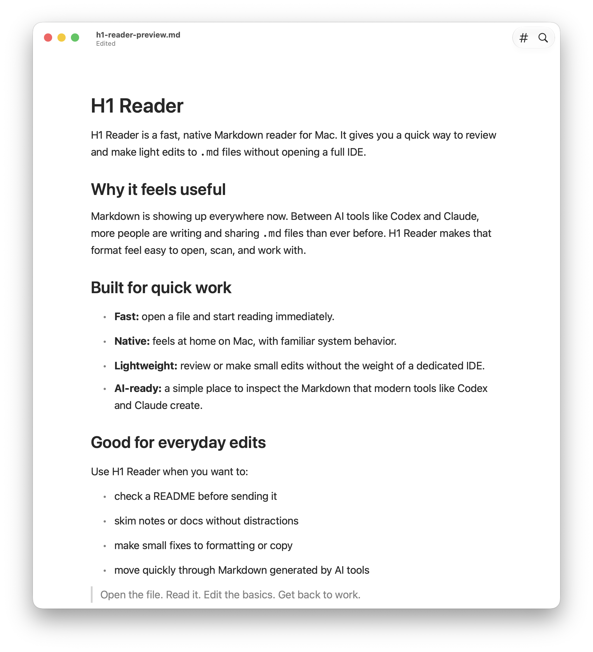H1 Reader displaying Markdown as a clean reading page.